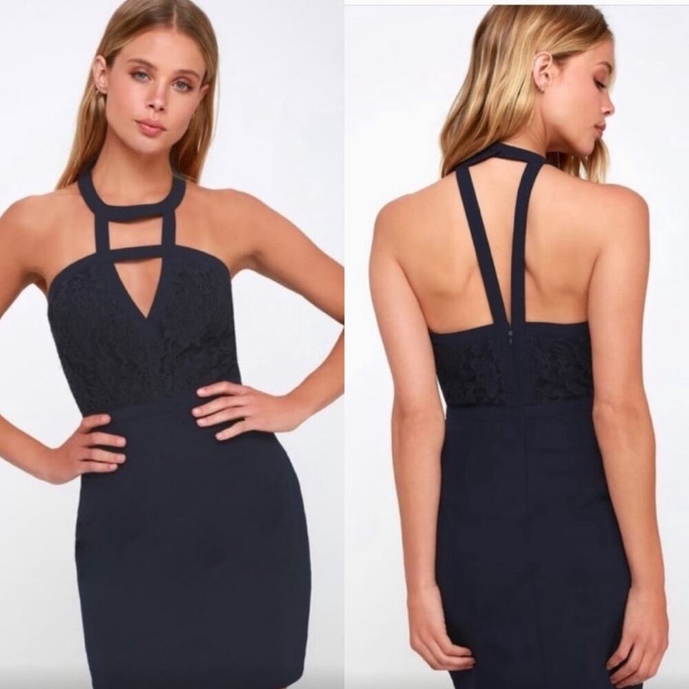 NWT Lulus Halter Lace Bodycon Mini Dress Navy Size X-Small